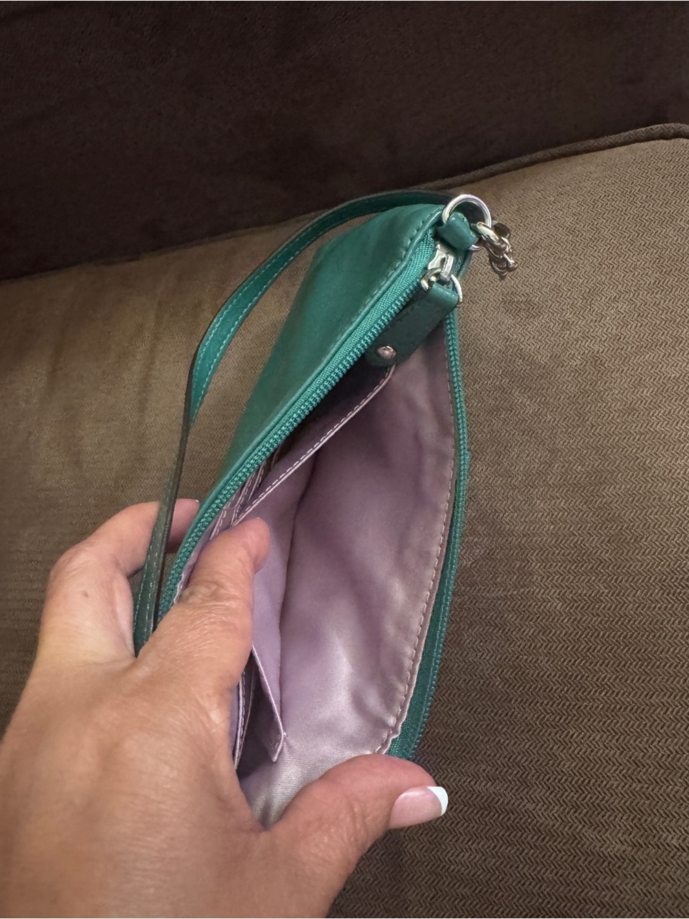 Coach Teal Green Leather wristlet with Silver Logo - Picture 5 of 9